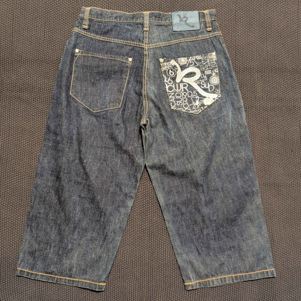 Y2K Rocawear Denim Shorts Mens 36 Blue Baggy Wide Leg Embroidered Jorts